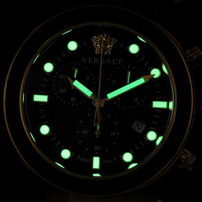 Versace Greca Dome dial with luminous hands and markers glowing in the dark