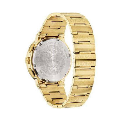 Versace Greca gold watch caseback showing Medusa medallion and engraved details