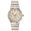 Versace Greca Logo chronograph watch with silver dial, gold subdials, two-tone stainless steel bracelet