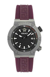 Versace Greca Logo Diver watch with black dial, stainless steel case, Medusa logo, and burgundy rubber strap