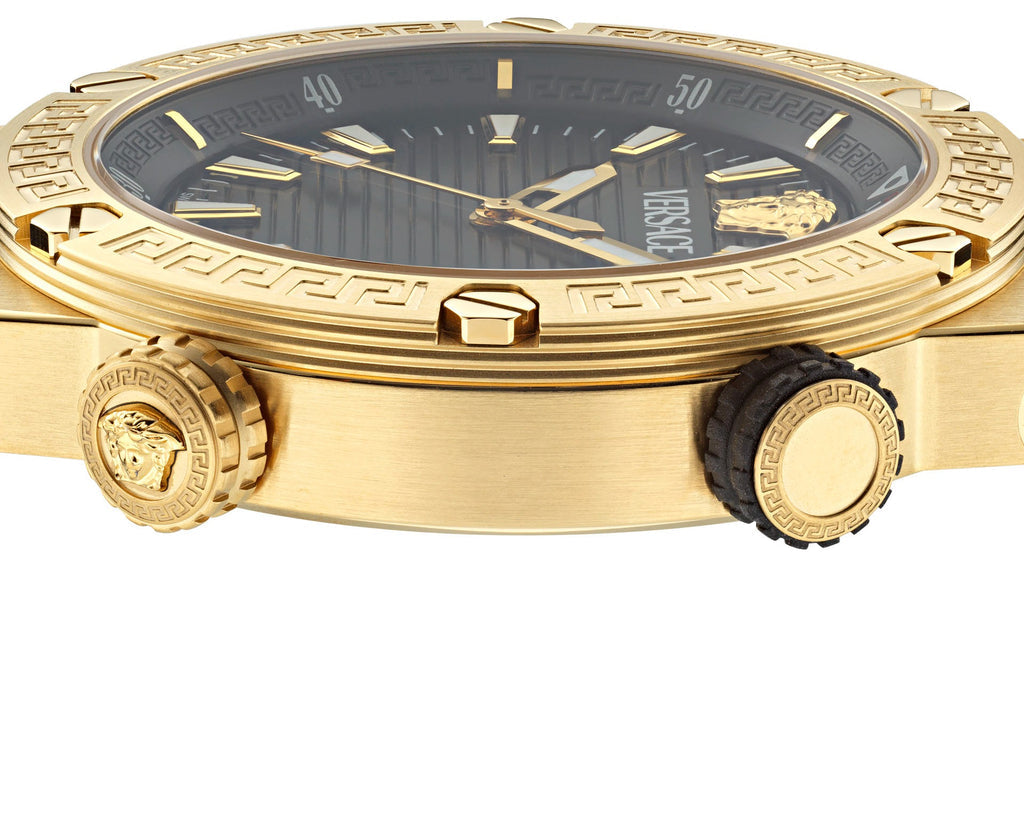 Close-up dial view of Versace Greca Logo Diver with Greca bezel and indices