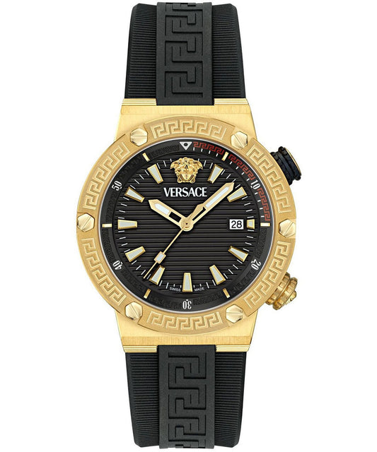 Versace Greca Logo Diver gold case black dial watch with black rubber strap