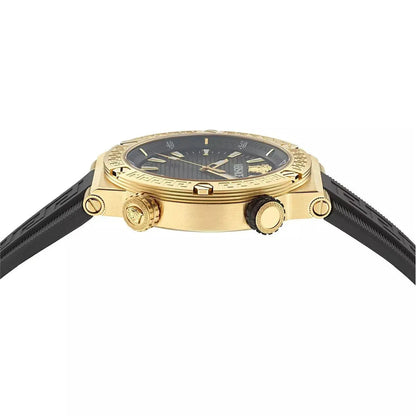 Side profile of Versace Greca Logo Diver gold watch showing case and crown details