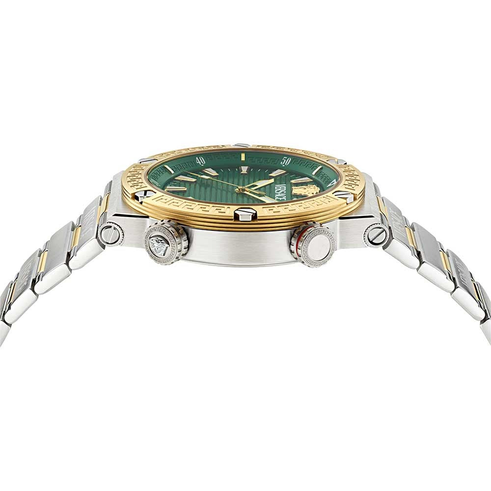 Angled view of Versace Greca Logo Diver showing case profile and two-tone bracelet