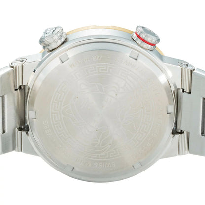 Caseback of Versace Greca Logo Diver with Medusa medallion and Greca pattern engraving
