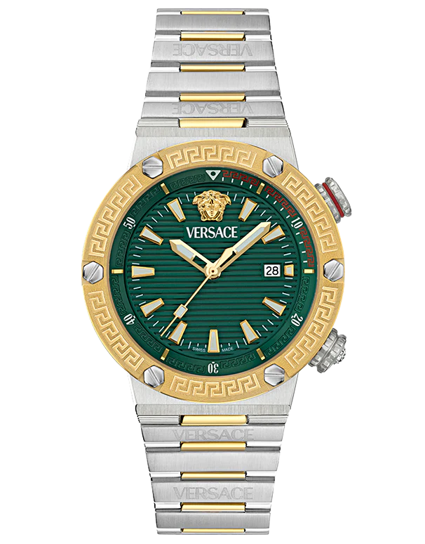 Versace Greca Logo Diver watch with green dial, two-tone steel and gold-tone case, and matching bracelet