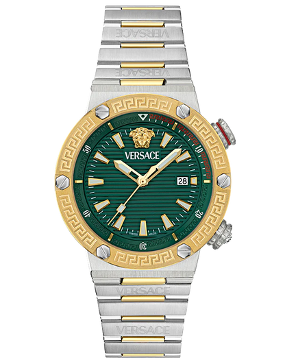 Versace Greca Logo Diver watch with green dial, two-tone steel and gold-tone case, and matching bracelet