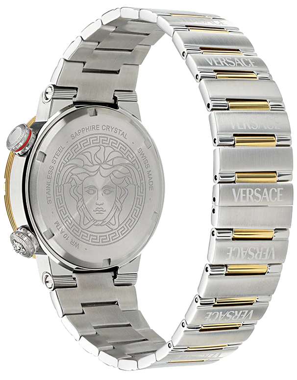 Versace Greca Logo Diver worn on wrist showing full case, two-tone bracelet, and caseback