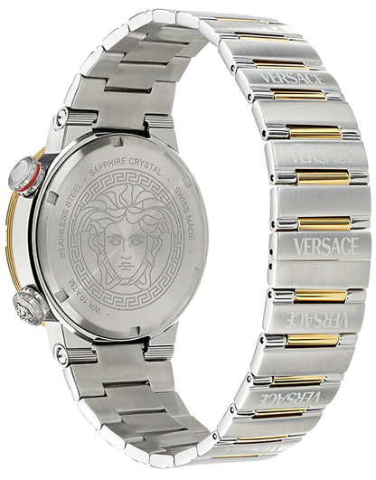 Versace Greca Logo Diver worn on wrist showing full case, two-tone bracelet, and caseback