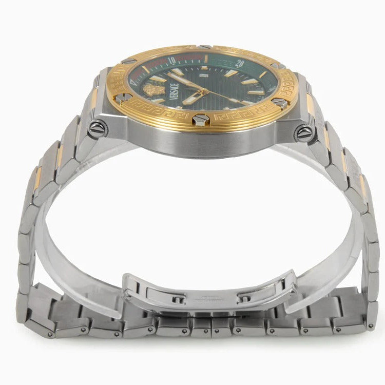 Side view of Versace Greca Logo Diver showing two-tone case, bezel, and bracelet