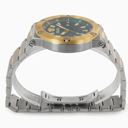 Side view of Versace Greca Logo Diver showing two-tone case, bezel, and bracelet