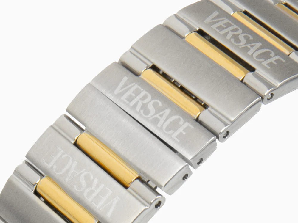 Two-tone steel and gold-tone bracelet detail of Versace Greca Logo Diver with etched Versace branding