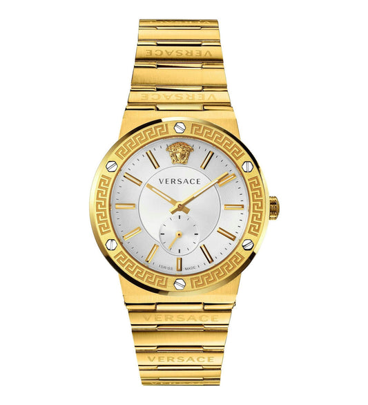 Versace Greca Logo gold-tone quartz watch with silver dial and Greca pattern bezel