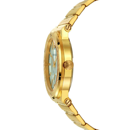 Versace Greca Logo watch side profile showing case depth and gold-tone design