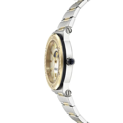 Side profile of two-tone Versace watch with polished stainless steel and gold bezel