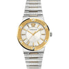 Versace Greca Logo quartz watch with silver dial, gold bezel, and two-tone stainless steel bracelet