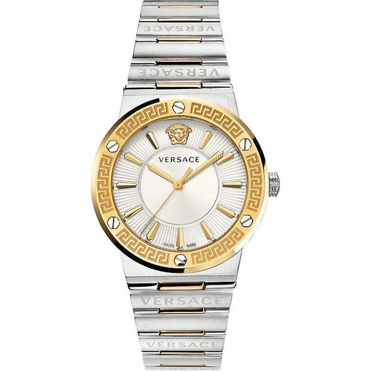 Versace Greca Logo quartz watch with silver dial, gold bezel, and two-tone stainless steel bracelet