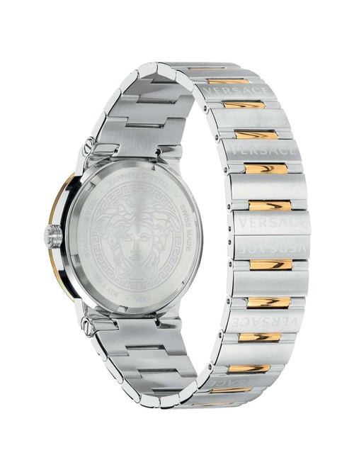 Side view of Versace Greca Logo watch with two-tone bracelet and caseback detail