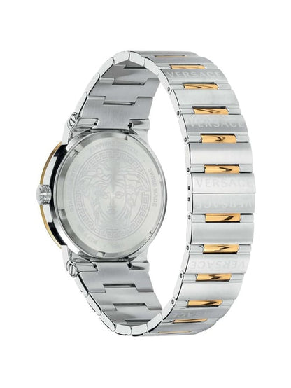 Side view of Versace Greca Logo watch with two-tone bracelet and caseback detail