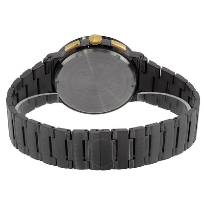 Caseback view of Versace Greca Logo chronograph showing solid grey case back and black bracelet