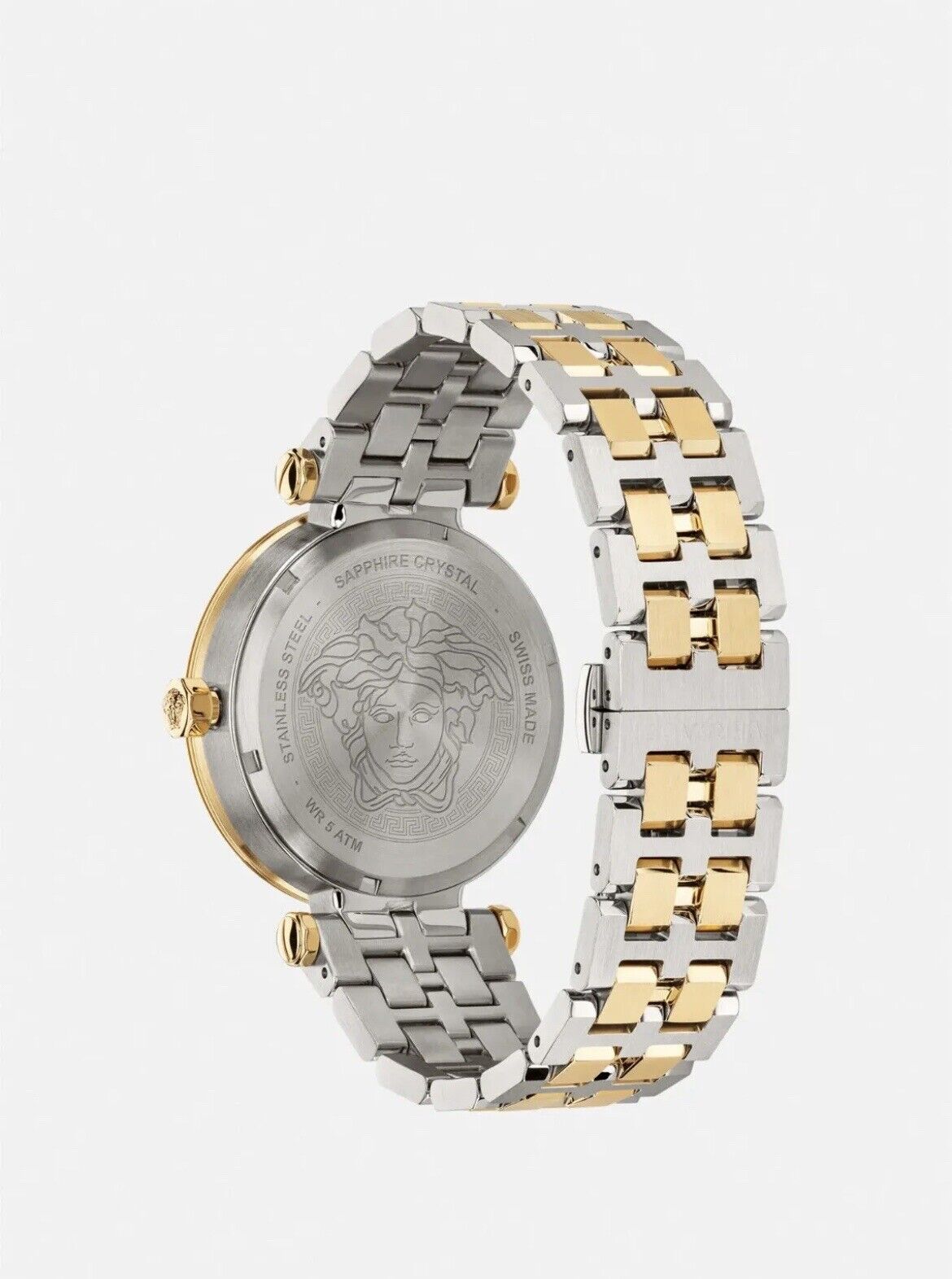 Versace Greca Sport caseback showing two-tone bracelet and medusa emblem