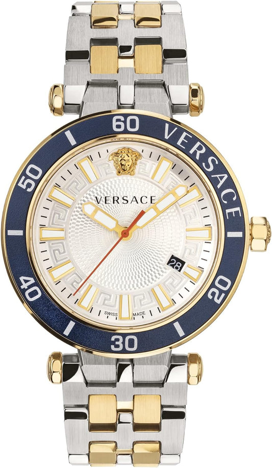 Versace Greca Sport two-tone watch with gold and silver bracelet, blue bezel, and white dial