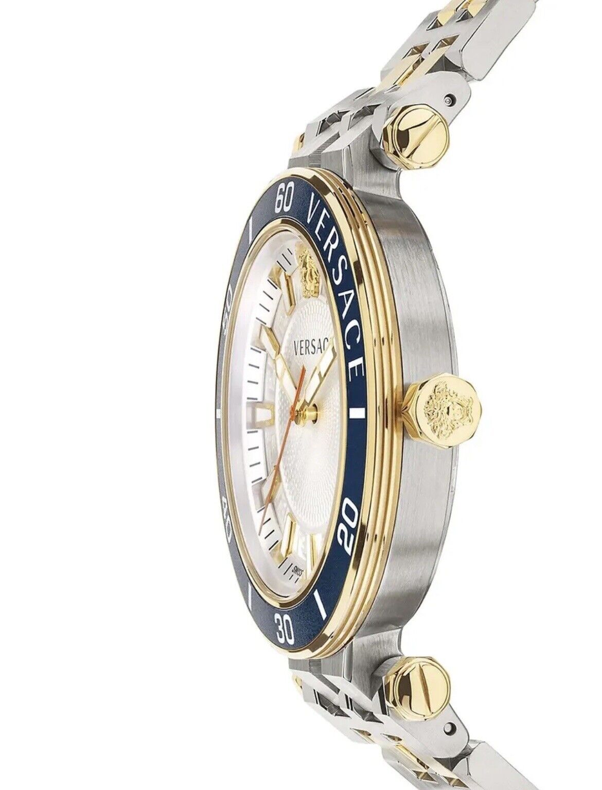 Side view of Versace Greca Sport two-tone watch showing blue bezel and integrated bracelet