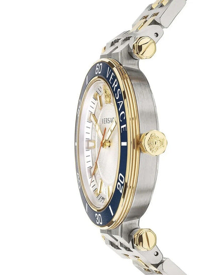 Side view of Versace Greca Sport two-tone watch showing blue bezel and integrated bracelet