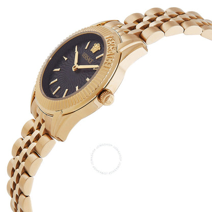 Angled side view of Versace Greca Time Lady watch with gold case and black dial