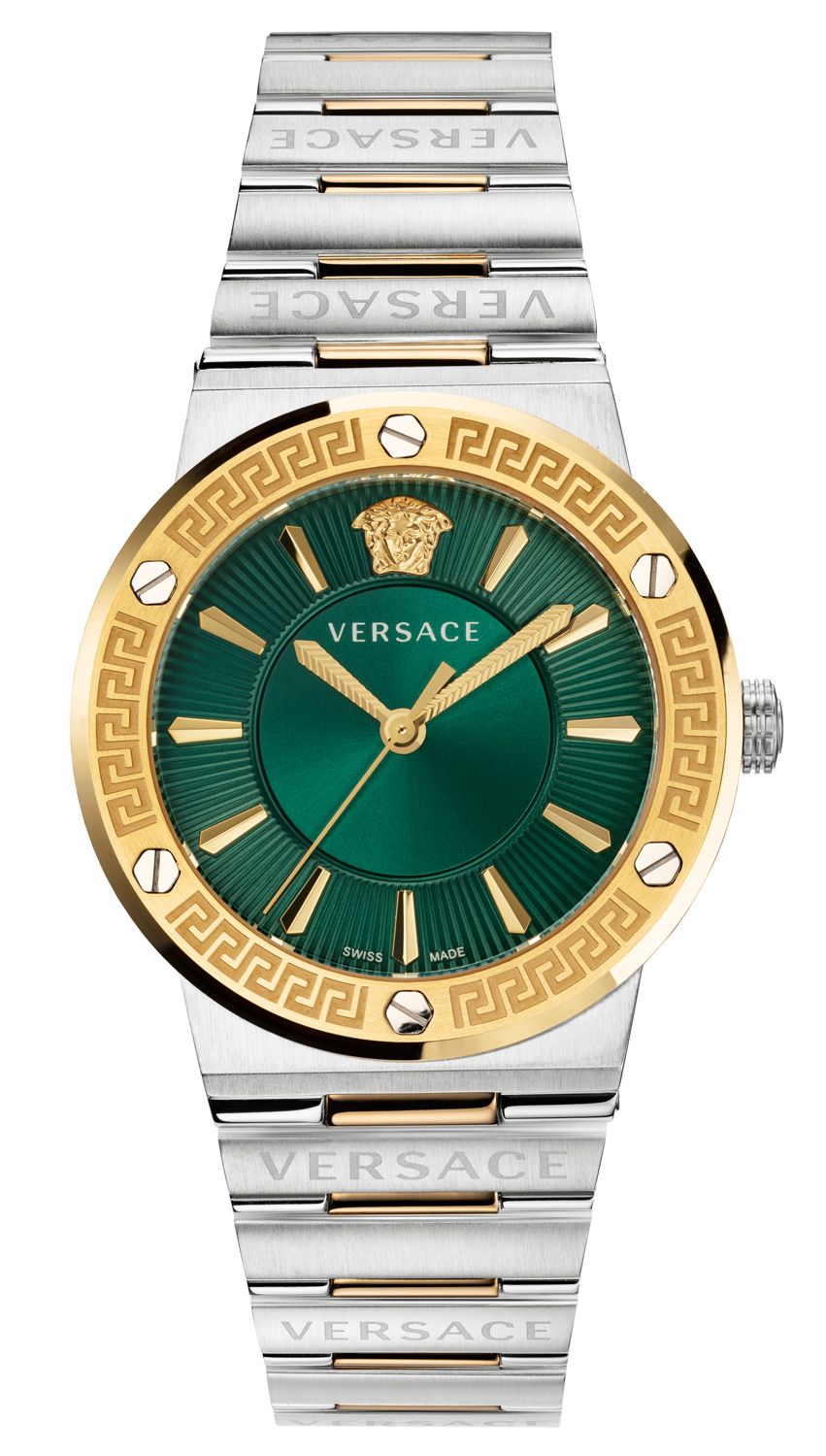 Versace Greca women's watch with green dial, two-tone stainless steel and gold bracelet