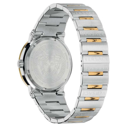 Side profile of Versace Greca watch showing two-tone bracelet and caseback with Medusa detail