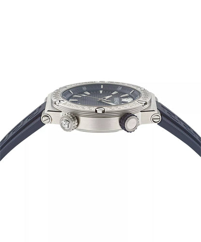 Side profile view of Versace Greca watch showing silver case and crown