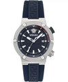 Versace Greca diver watch with blue dial, silver case, and navy Greca-patterned rubber strap