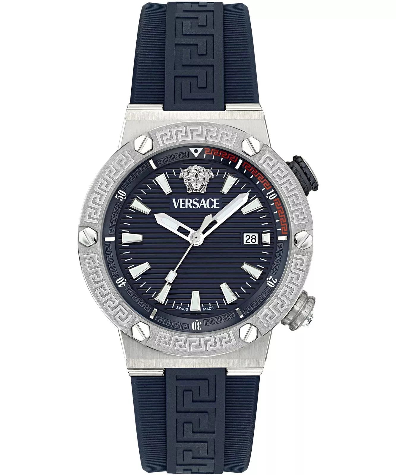 Versace Greca diver watch with blue dial, silver case, and navy Greca-patterned rubber strap