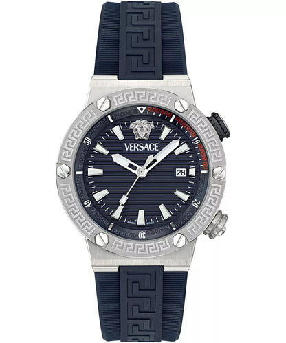 Versace Greca diver watch with blue dial, silver case, and navy Greca-patterned rubber strap