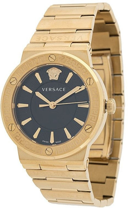 Versace Greca watch angled view displaying black dial and gold-tone case