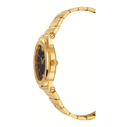 Versace Greca watch side profile showing case thickness and gold steel bracelet