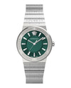 Versace Greca women's watch with silver case, green dial, and silver bracelet