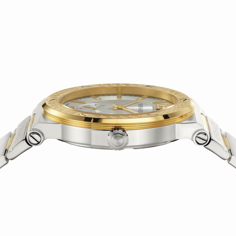 Versace Greca watch angled view showing two-tone bracelet and gold bezel with Greek key design