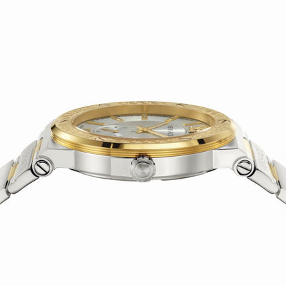 Versace Greca watch angled view showing two-tone bracelet and gold bezel with Greek key design