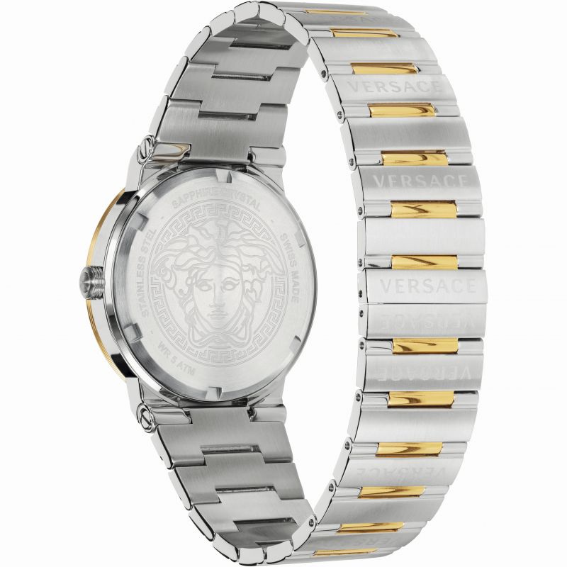 Versace Greca watch caseback showing stainless steel band and engraved Medusa motif
