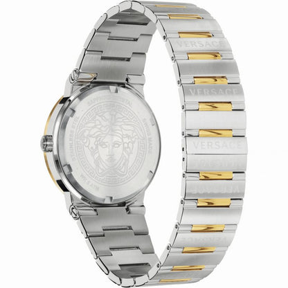 Versace Greca watch caseback showing stainless steel band and engraved Medusa motif
