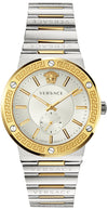 Versace Greca silver white dial men's watch with two-tone stainless steel and gold bracelet