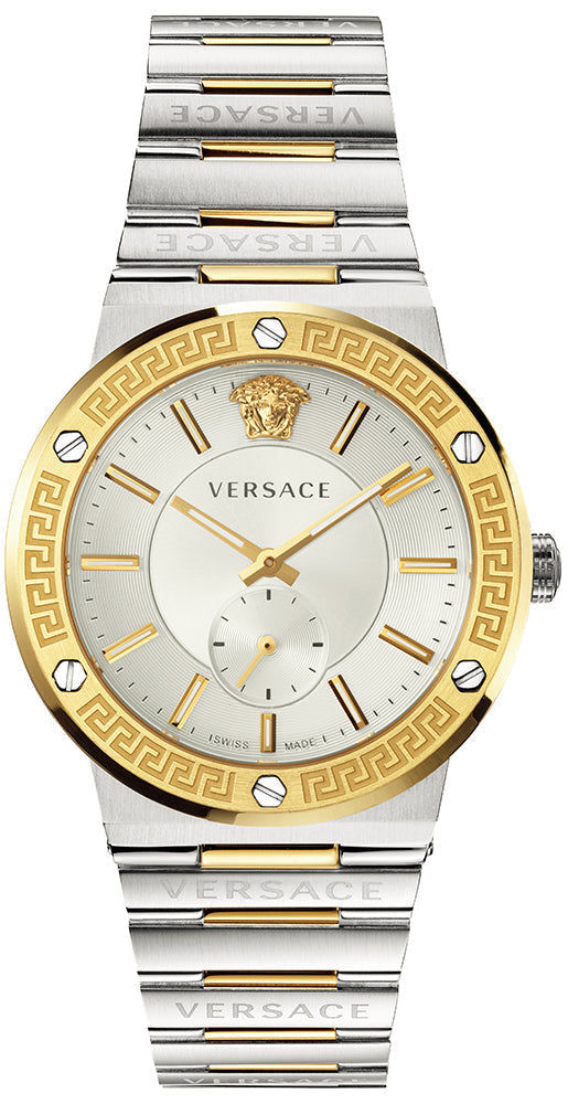Versace Greca silver white dial men's watch with two-tone stainless steel and gold bracelet