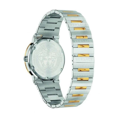 Caseback of Versace Greca watch with Medusa head logo, two-tone silver and gold bracelet