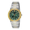 Versace Greca men's watch with green dial, gold Greca bezel, two-tone silver and gold case and bracelet