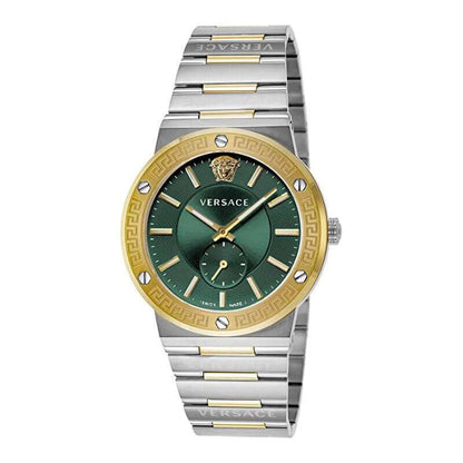 Versace Greca men's watch with green dial, gold Greca bezel, two-tone silver and gold case and bracelet