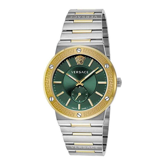 Versace Greca men's watch with green dial, gold Greca bezel, two-tone silver and gold case and bracelet