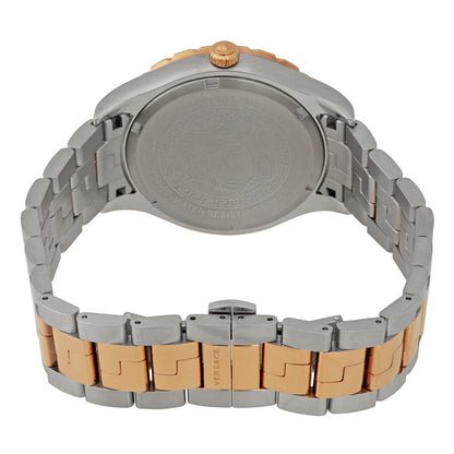 Versace Hellenyium GMT watch case back showing two-tone stainless steel and rose gold bracelet
