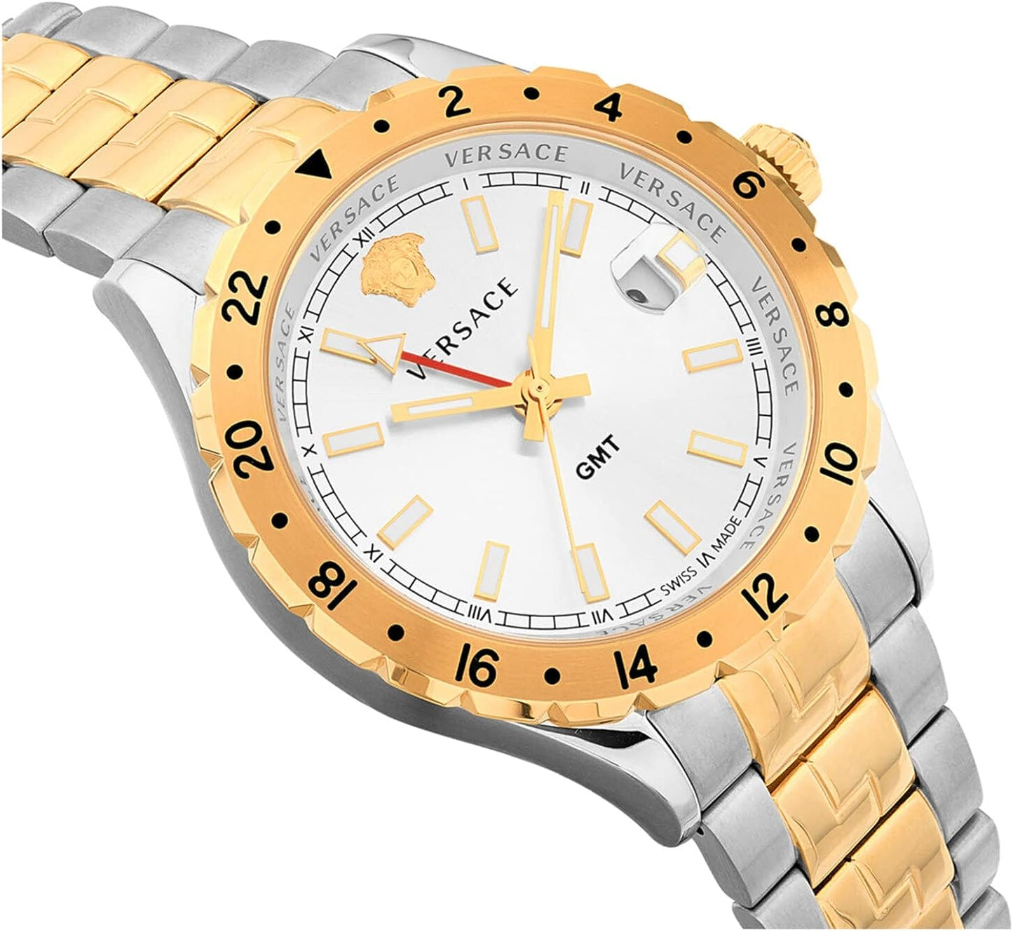 Angled view of Versace Hellenyium GMT watch showing gold rotatable bezel and two-tone bracelet